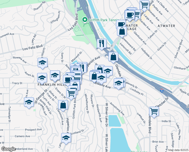map of restaurants, bars, coffee shops, grocery stores, and more near 2839 1/2 Avenel Street in Los Angeles