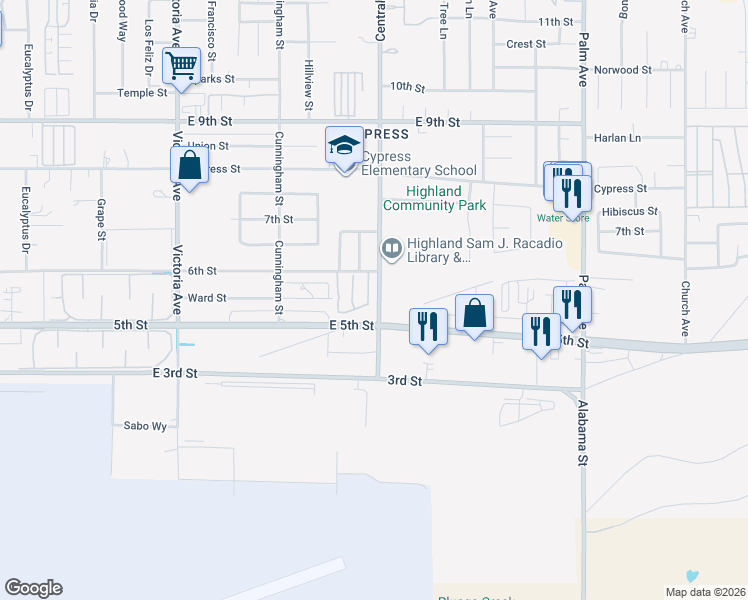 map of restaurants, bars, coffee shops, grocery stores, and more near 7963 Primrose Lane in Highland