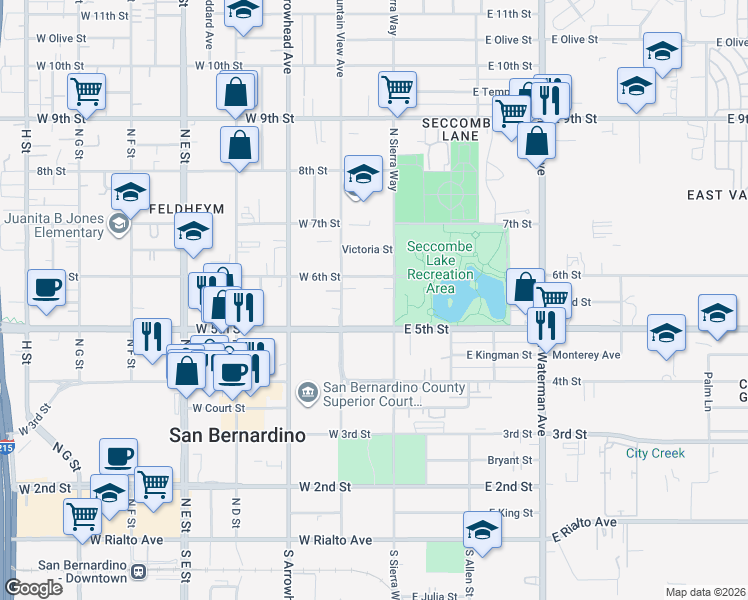 map of restaurants, bars, coffee shops, grocery stores, and more near 149 West 6th Street in San Bernardino