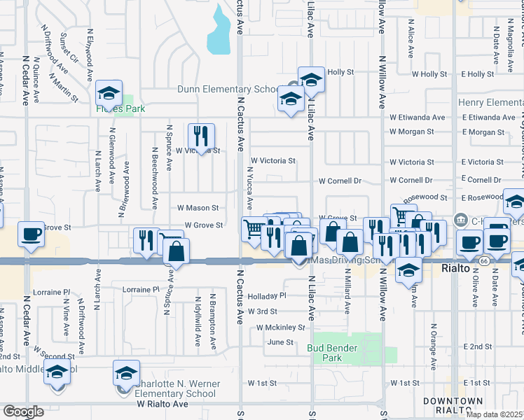 map of restaurants, bars, coffee shops, grocery stores, and more near 634 West Grove Street in Rialto