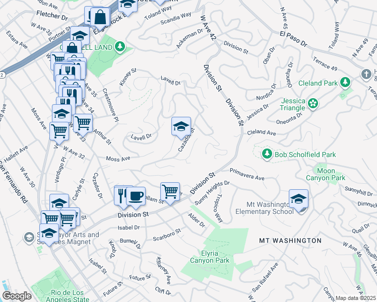 map of restaurants, bars, coffee shops, grocery stores, and more near 3750 Cazador Street in Los Angeles