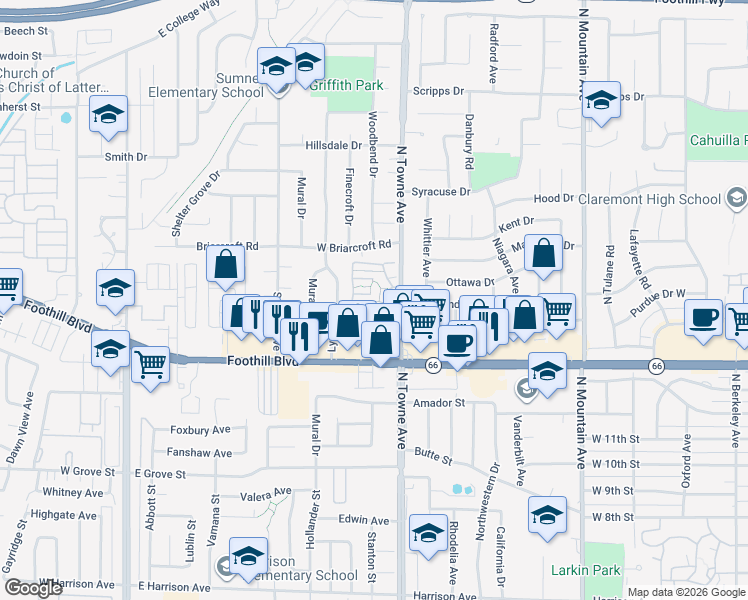 map of restaurants, bars, coffee shops, grocery stores, and more near 672 Greendale Lane in Pomona