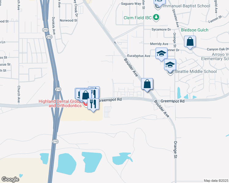 map of restaurants, bars, coffee shops, grocery stores, and more near 28214 Greenspot Road in Highland