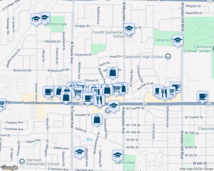 map of restaurants, bars, coffee shops, grocery stores, and more near 1418 Niagara Avenue in Claremont