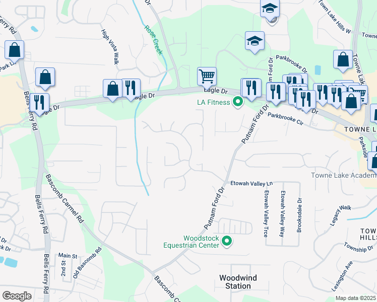 map of restaurants, bars, coffee shops, grocery stores, and more near 2031 Spicers Lane in Woodstock