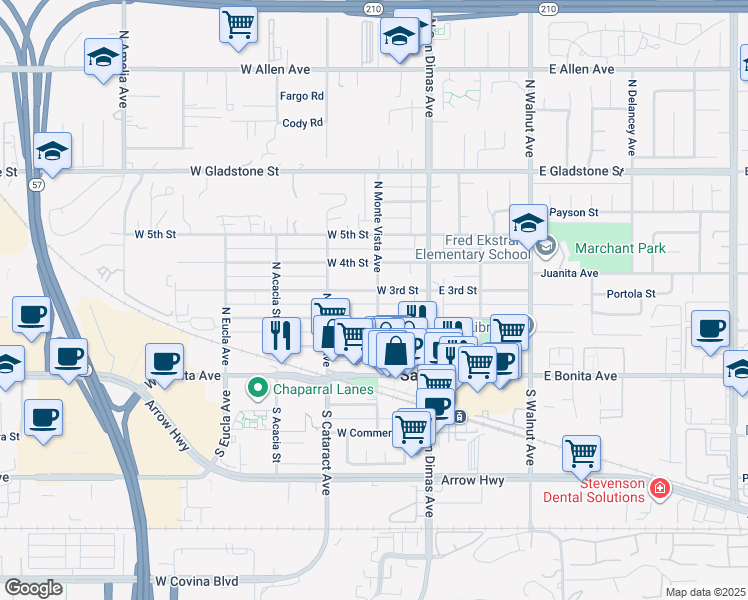map of restaurants, bars, coffee shops, grocery stores, and more near 221 North Monte Vista Avenue in San Dimas