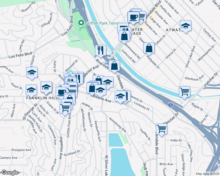 map of restaurants, bars, coffee shops, grocery stores, and more near 2925 Waverly Drive in Los Angeles