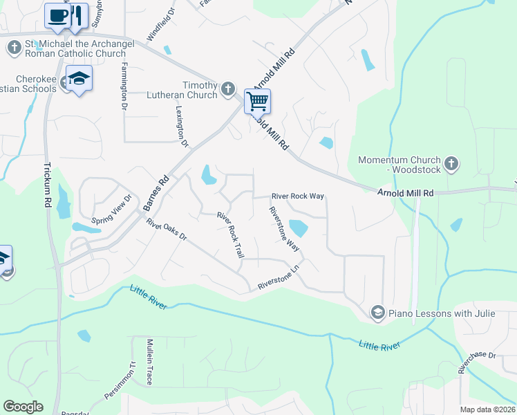 map of restaurants, bars, coffee shops, grocery stores, and more near 4003 River Rock Way in Woodstock