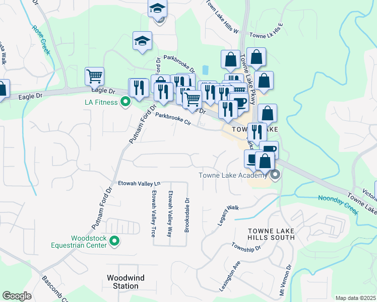 map of restaurants, bars, coffee shops, grocery stores, and more near 145 Eagle Glen Drive in Woodstock