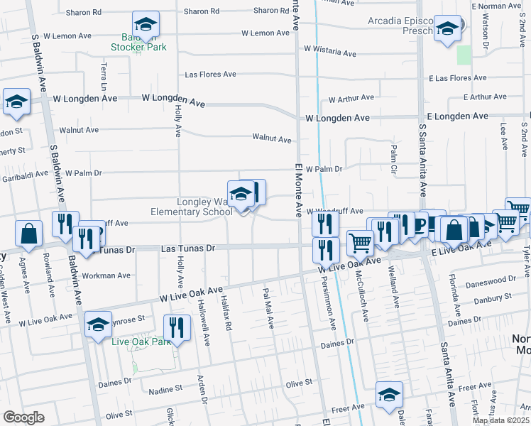 map of restaurants, bars, coffee shops, grocery stores, and more near 249 West Woodruff Avenue in Arcadia