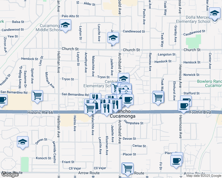 map of restaurants, bars, coffee shops, grocery stores, and more near 9610 Effen Street in Rancho Cucamonga