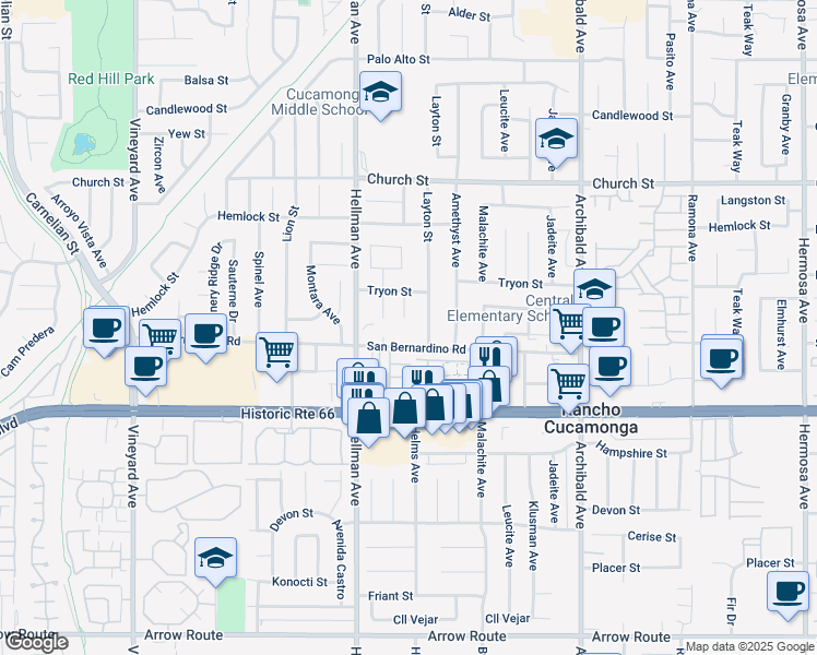 map of restaurants, bars, coffee shops, grocery stores, and more near 7930 Layton Street in Rancho Cucamonga