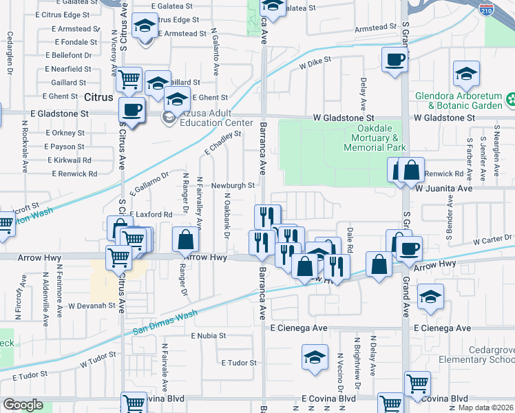 map of restaurants, bars, coffee shops, grocery stores, and more near 5335 North Barranca Avenue in Covina