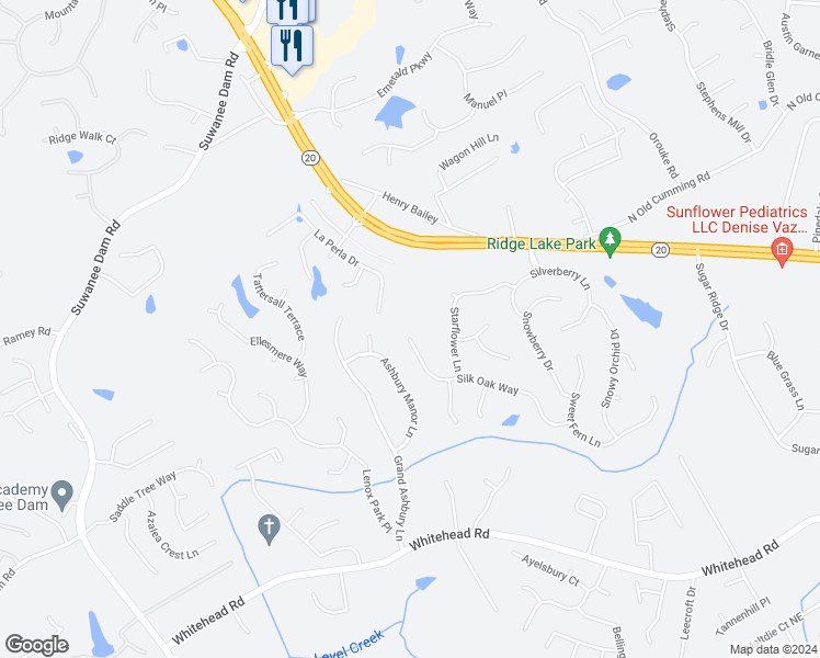 map of restaurants, bars, coffee shops, grocery stores, and more near 5655 Silk Oak Way in Sugar Hill