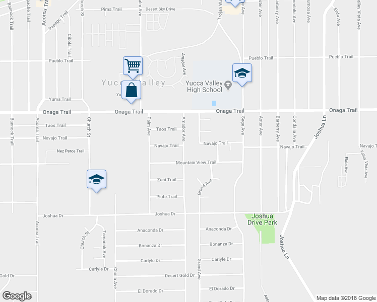 map of restaurants, bars, coffee shops, grocery stores, and more near 7855 Amador Avenue in Yucca Valley