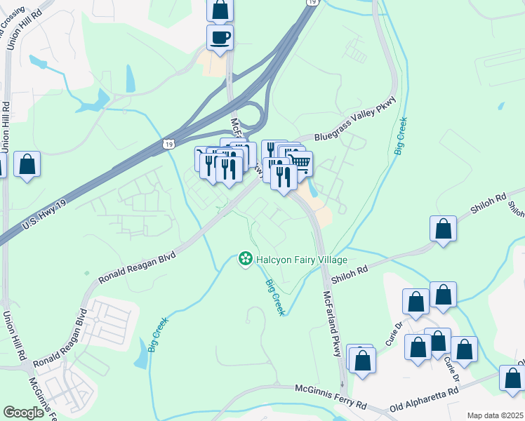 map of restaurants, bars, coffee shops, grocery stores, and more near 6550 Cortland Walk in Johns Creek