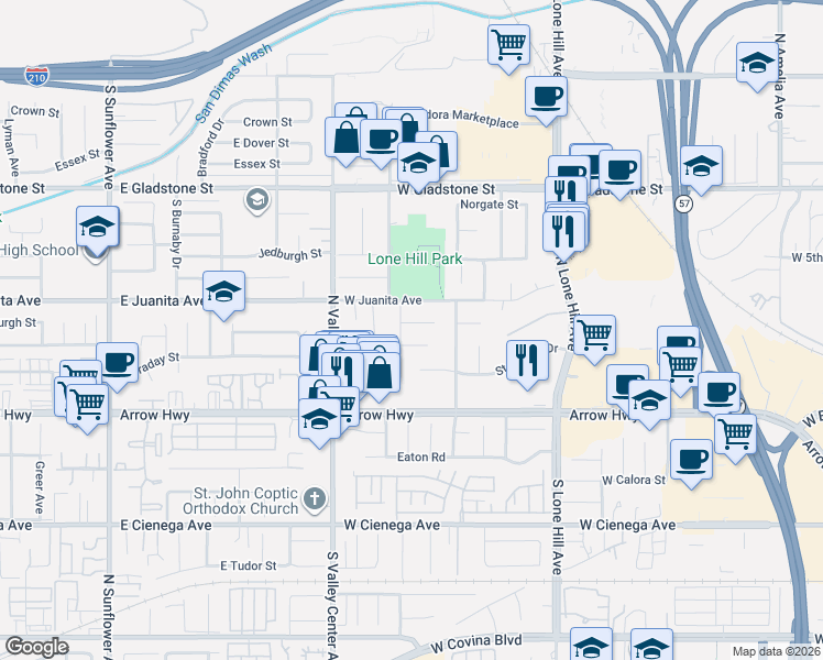 map of restaurants, bars, coffee shops, grocery stores, and more near 1332 Carew Street in San Dimas