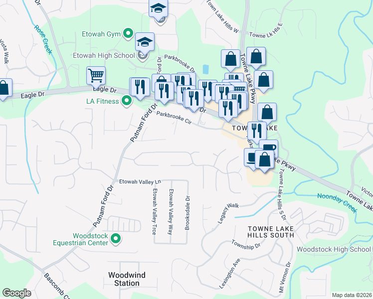 map of restaurants, bars, coffee shops, grocery stores, and more near 143 Eagle Glen Drive in Woodstock