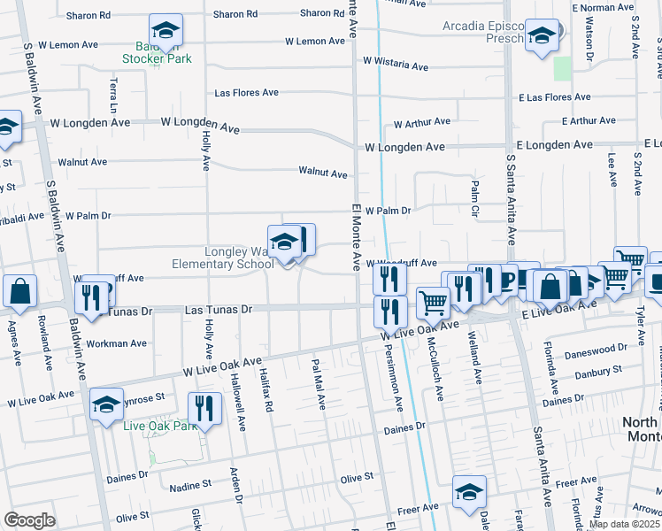 map of restaurants, bars, coffee shops, grocery stores, and more near 229 West Woodruff Avenue in Arcadia