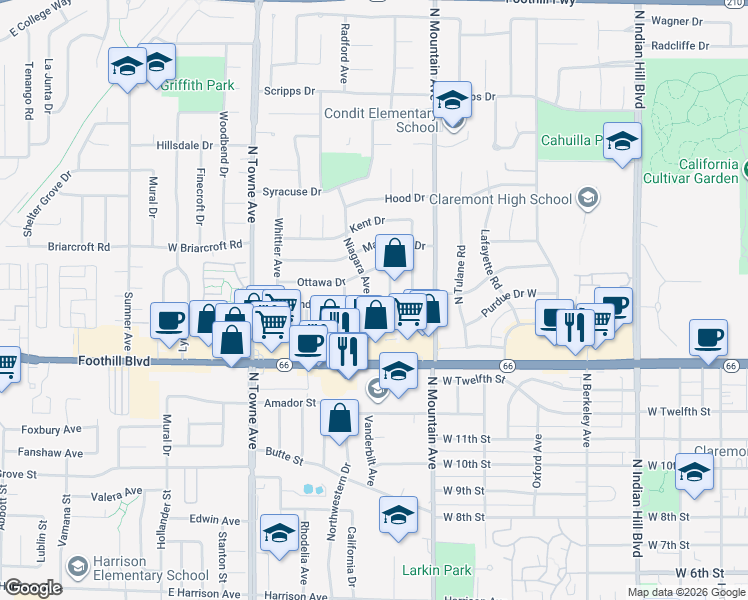 map of restaurants, bars, coffee shops, grocery stores, and more near 1418 Niagara Avenue in Claremont