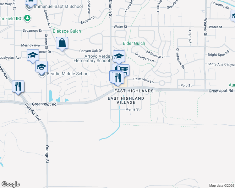 map of restaurants, bars, coffee shops, grocery stores, and more near 28943 Greenspot Road in Highland