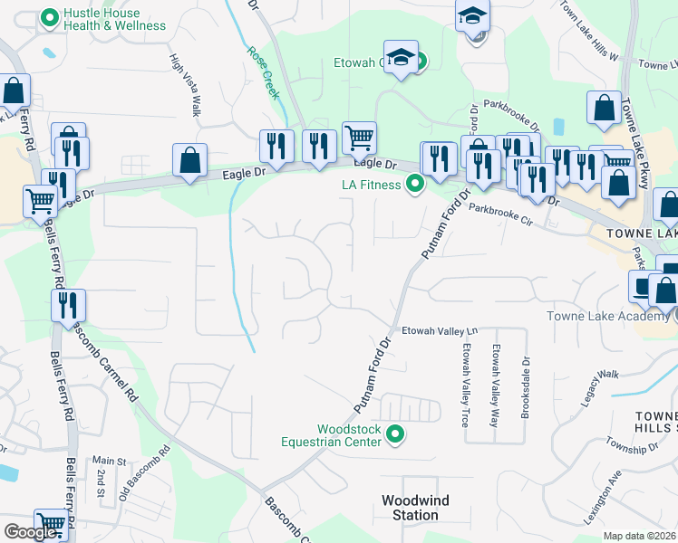 map of restaurants, bars, coffee shops, grocery stores, and more near 2028 Spicers Lane in Woodstock