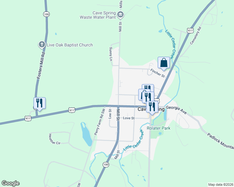 map of restaurants, bars, coffee shops, grocery stores, and more near 31 Mill Street in Cave Spring