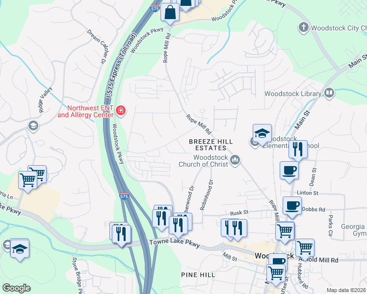 map of restaurants, bars, coffee shops, grocery stores, and more near 411 Falcon Court in Woodstock