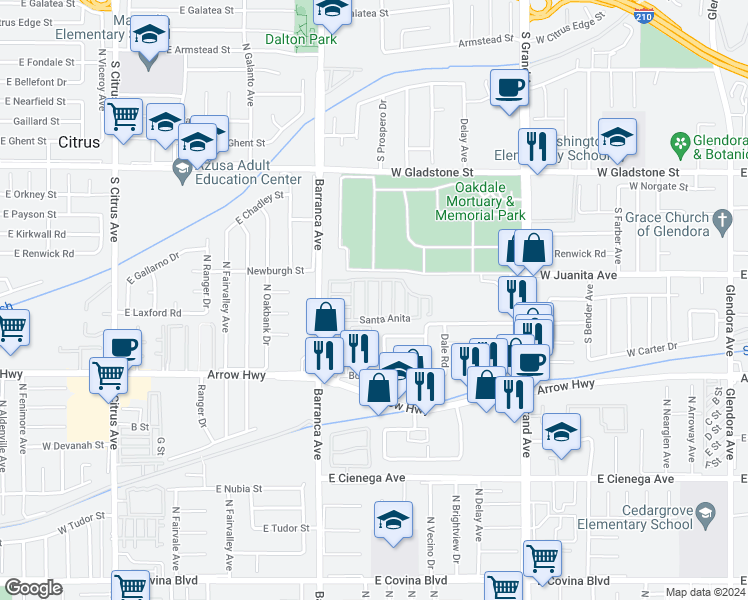 map of restaurants, bars, coffee shops, grocery stores, and more near 1630 Barranca Avenue in Glendora