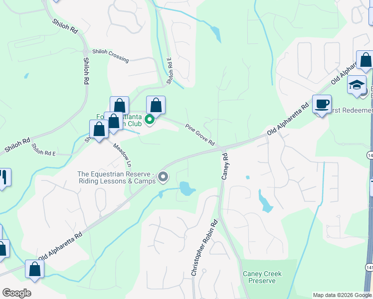 map of restaurants, bars, coffee shops, grocery stores, and more near 2537 Pine Grove Road in Cumming