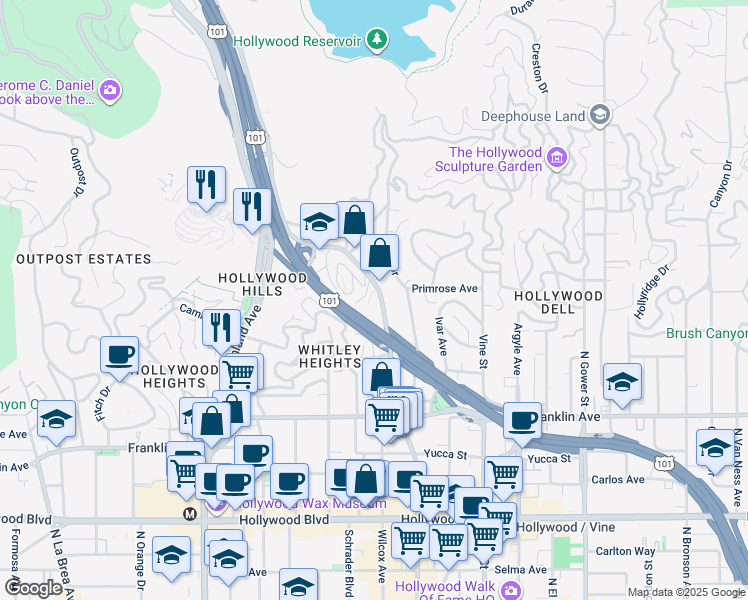 map of restaurants, bars, coffee shops, grocery stores, and more near 6520 Iris Drive in Los Angeles