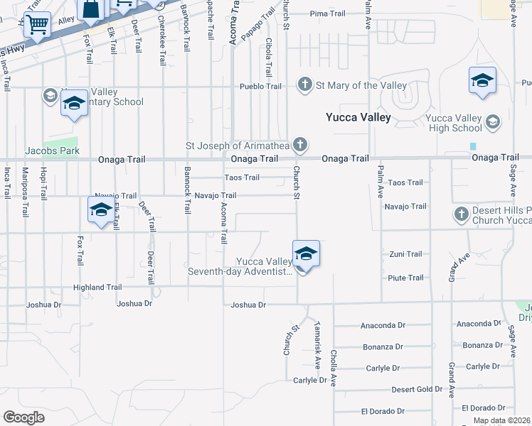 map of restaurants, bars, coffee shops, grocery stores, and more near 56135 Nez Perce Trail in Yucca Valley