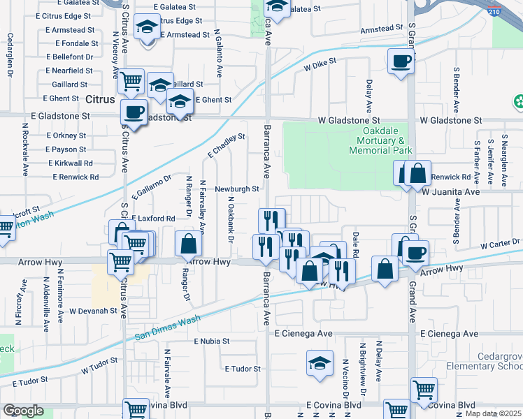map of restaurants, bars, coffee shops, grocery stores, and more near 5335 North Barranca Avenue in Covina