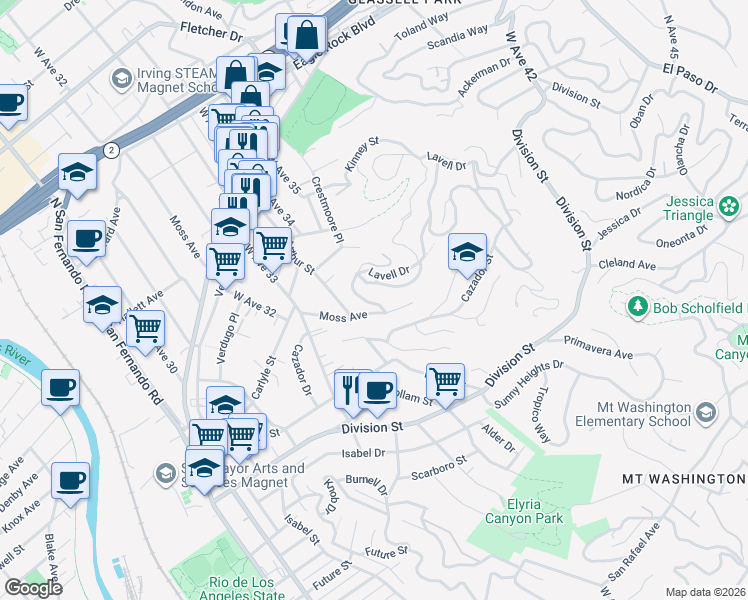map of restaurants, bars, coffee shops, grocery stores, and more near 2322 Yorkshire Drive in Los Angeles