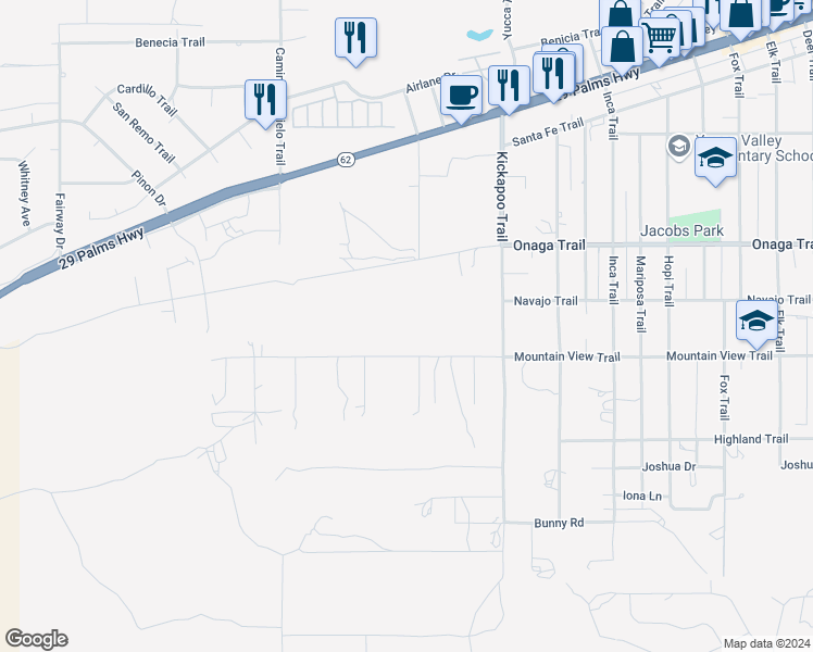 map of restaurants, bars, coffee shops, grocery stores, and more near Mountain View Trail in Yucca Valley
