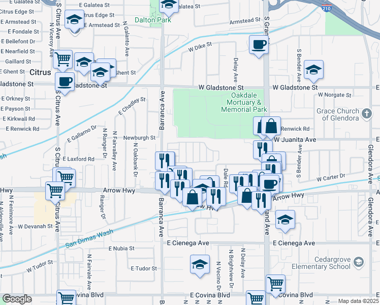 map of restaurants, bars, coffee shops, grocery stores, and more near in Glendora