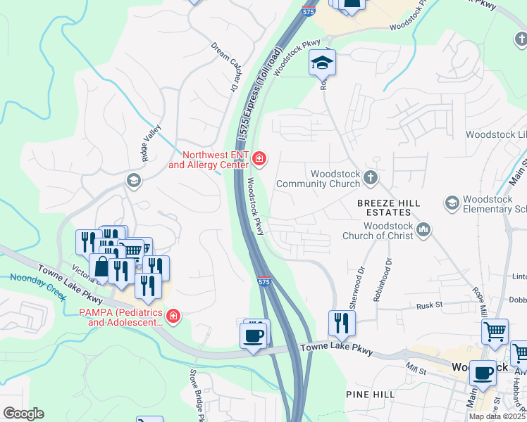 map of restaurants, bars, coffee shops, grocery stores, and more near 620 Ravenwood Drive in Woodstock