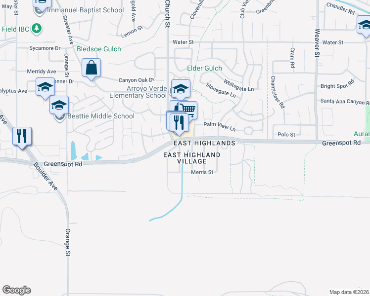 map of restaurants, bars, coffee shops, grocery stores, and more near 28940 Greenspot Road in Highland
