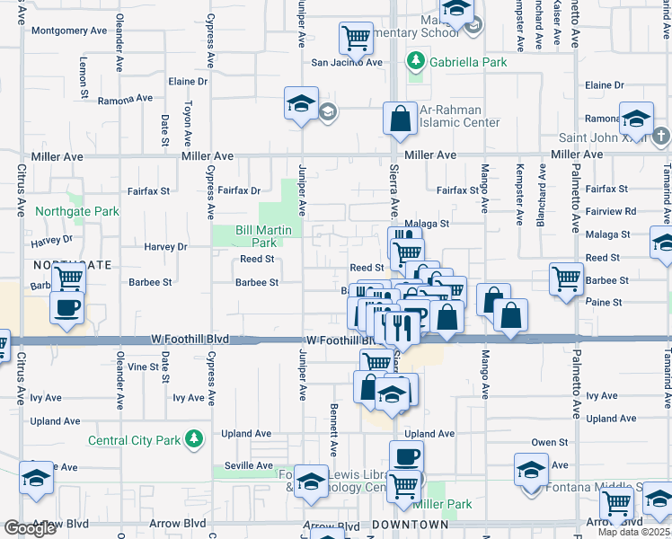 map of restaurants, bars, coffee shops, grocery stores, and more near 7915 Bennett Avenue in Fontana