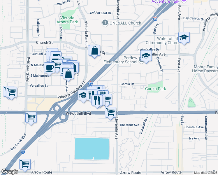 map of restaurants, bars, coffee shops, grocery stores, and more near 7892 Etiwanda Avenue in Rancho Cucamonga
