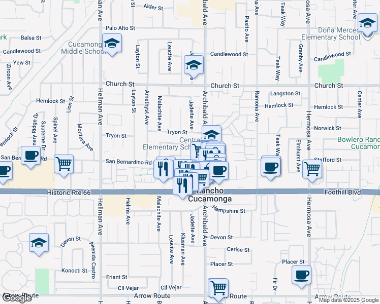 map of restaurants, bars, coffee shops, grocery stores, and more near 9610 Effen Street in Rancho Cucamonga