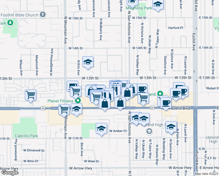 map of restaurants, bars, coffee shops, grocery stores, and more near 959 West Pine Street in Upland
