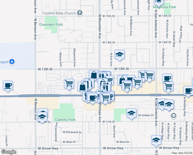 map of restaurants, bars, coffee shops, grocery stores, and more near 1244 Edgewood Lane in Upland