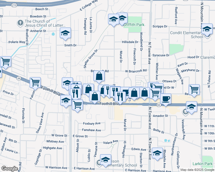 map of restaurants, bars, coffee shops, grocery stores, and more near 496 Fort Lewis Drive in Pomona