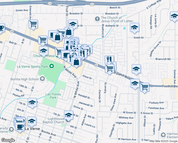 map of restaurants, bars, coffee shops, grocery stores, and more near 2529 Hayes Drive in La Verne