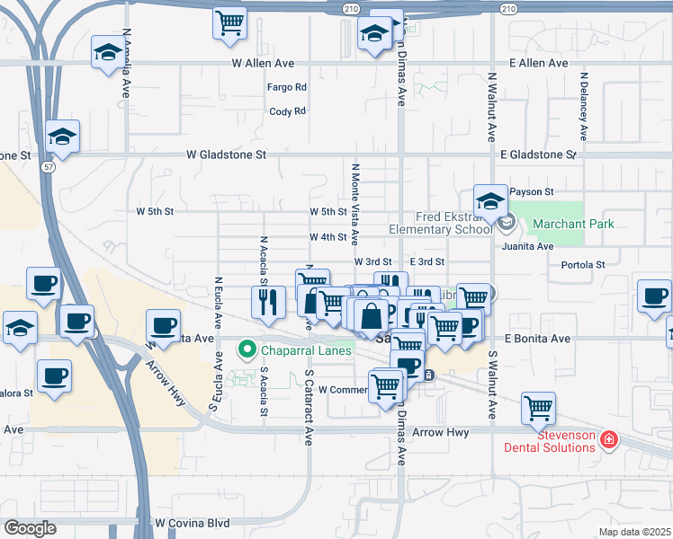 map of restaurants, bars, coffee shops, grocery stores, and more near 213 West 3rd Street in San Dimas