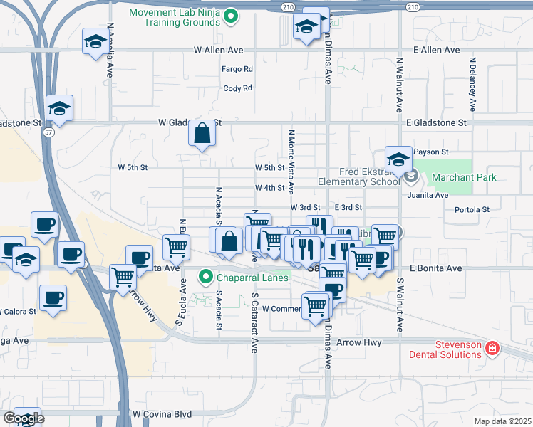 map of restaurants, bars, coffee shops, grocery stores, and more near 303 North Cataract Avenue in San Dimas