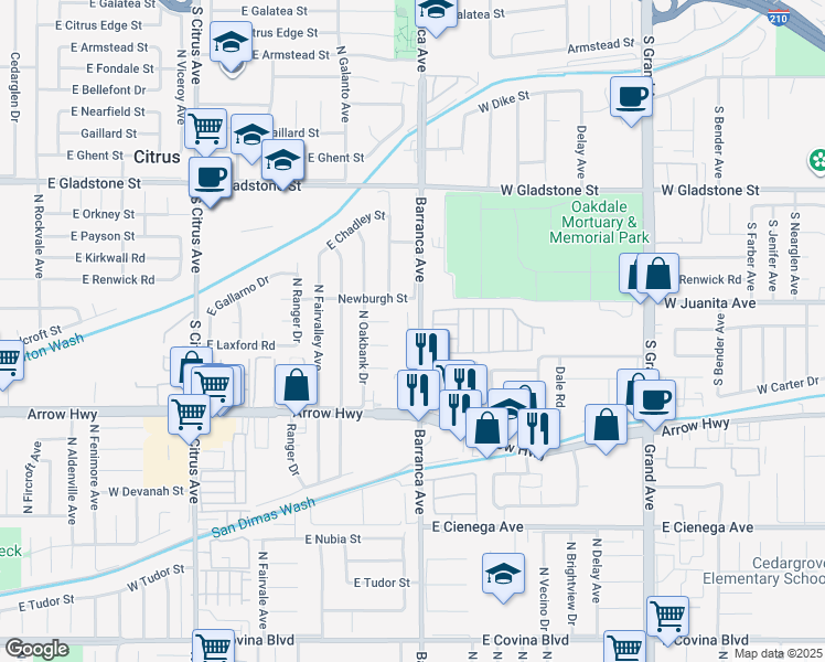 map of restaurants, bars, coffee shops, grocery stores, and more near 5349 Barranca Avenue in Covina