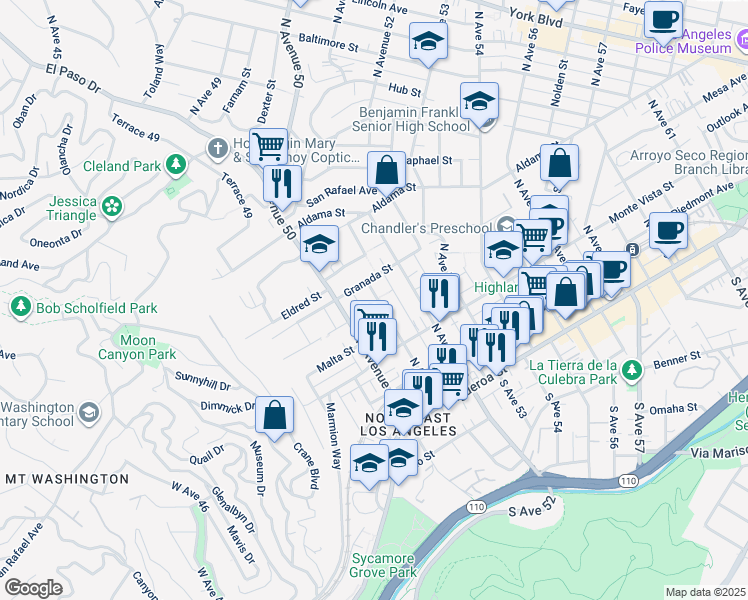 map of restaurants, bars, coffee shops, grocery stores, and more near 5122 Granada Street in Los Angeles
