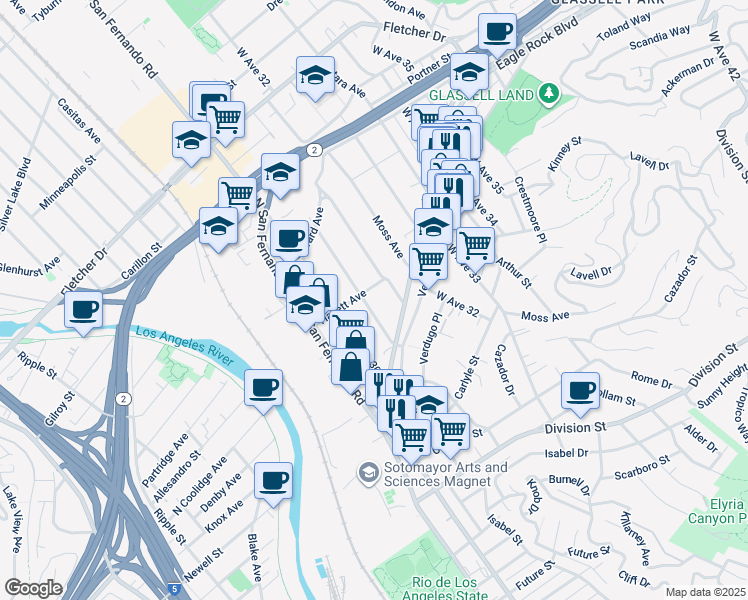 map of restaurants, bars, coffee shops, grocery stores, and more near 2652 West Avenue 32 in Los Angeles
